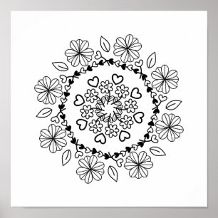Einfache Mandala aus schwarzem Blumenmuster auf we Poster