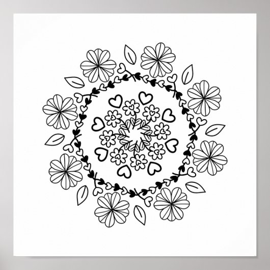 Einfache Mandala aus schwarzem Blumenmuster auf we Poster (Vorne)