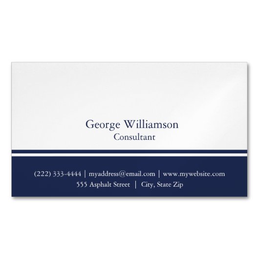 Einfache Marine Blau und Weiß Magnetische Visitenkarte (Vorderseite)