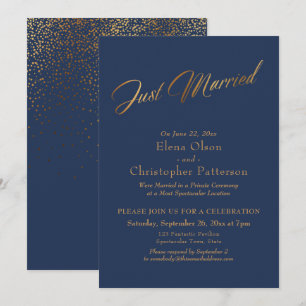 Einfache Marine & Gold Just Married Script Confett Einladung