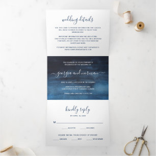 Einfache marineblaue Aquarell-Hochzeit im modernen Dreifach Gefaltete Einladung