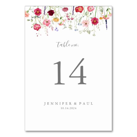 Einfache mehrfarbige Wildblume Hochzeit Tischnummer (Rückseite)