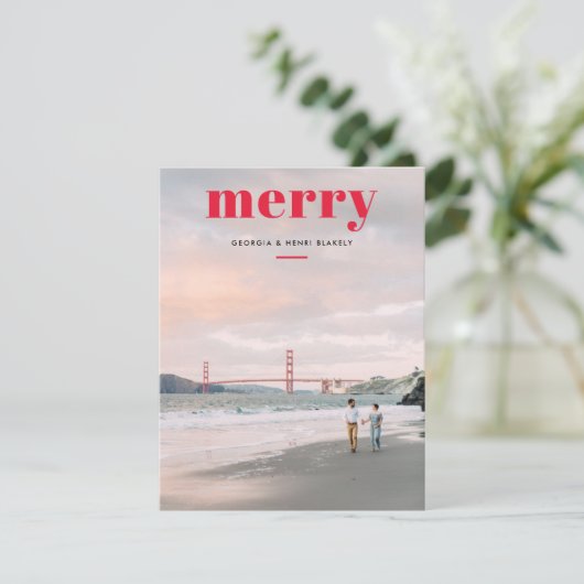 Einfache Merry Red Overlay Ein Foto Weihnachten (Stehend Vorderseite)