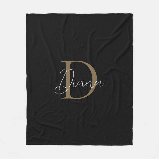 Einfache Midnight Black Mossy Gold Script Monogram Fleecedecke (Vorderseite)