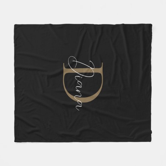 Einfache Midnight Black Mossy Gold Script Monogram Fleecedecke (Vorderseite (Horizontal))
