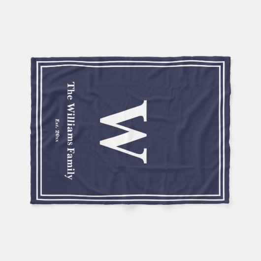 Einfache Midnight Blue White Monogram & Name Fleecedecke (Vorderseite (Horizontal))