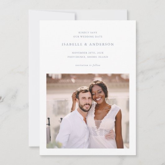 Einfache Minimal Blue Two Foto Hochzeit Save The Date (Vorderseite)