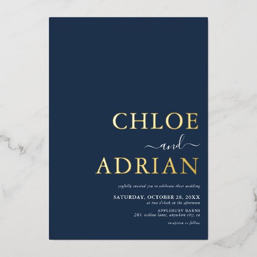 Einfache Minimal Blue Wedding Gold Folieneinladung (Vorderseite)