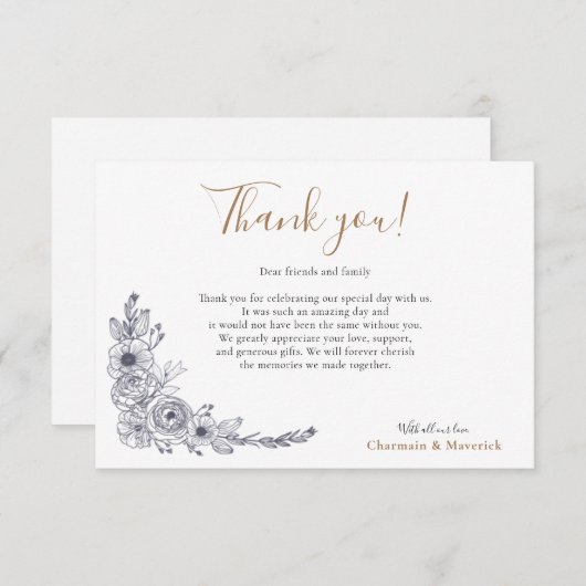 Einfache Minimal Blütenschwarz und Weiß Hochzeit Dankeskarte (Vorne/Hinten)