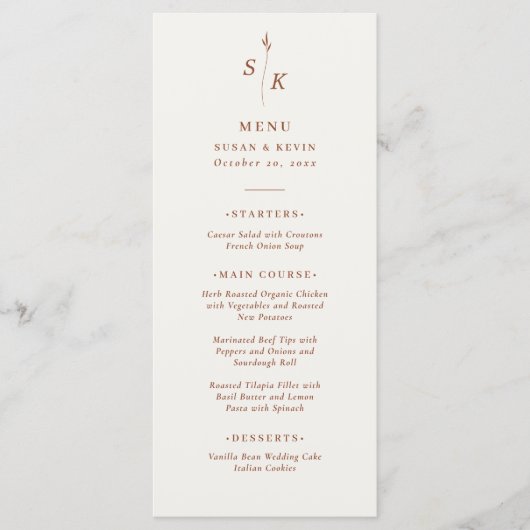 Einfache Minimal Chic Elegance Leaf Monogram Weddi Menükarte (Vorderseite)