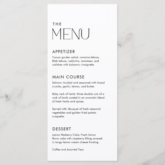 Einfache Minimal Dinner Hochzeit Menükarte (Vorderseite)