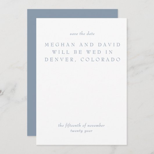 Einfache Minimal Dusty Blue Modern Save the Date (Vorne/Hinten)