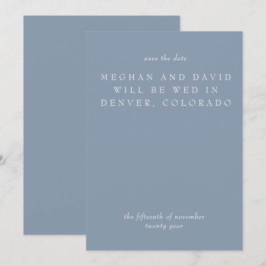 Einfache Minimal Dusty Blue Modern Save the Date (Vorne/Hinten)