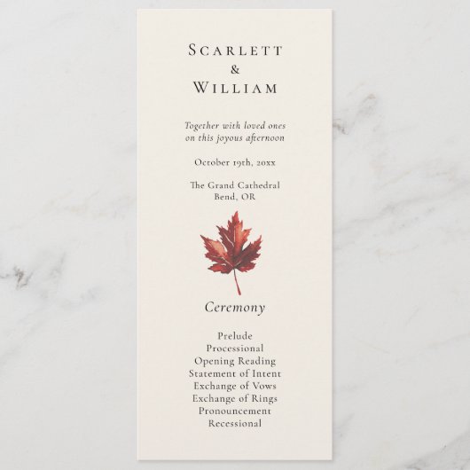 Einfache Minimal Fall Leaf Creme Hochzeit Programm (Vorderseite)