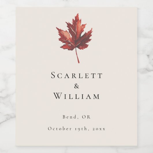 Einfache Minimal Fall Leaf Creme Hochzeit Weinetikett (Einzelnes Label)