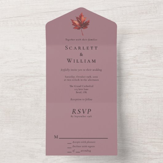 Einfache Minimal Fall Leaf Mauve Wedding All In One Einladung (Innen Boden)