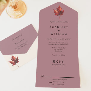 Einfache Minimal Fall Leaf Mauve Wedding All In One Einladung
