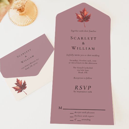 Einfache Minimal Fall Leaf Mauve Wedding All In One Einladung
