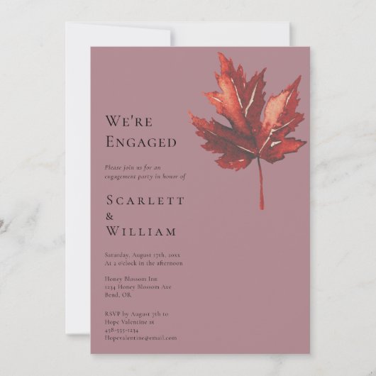 Einfache Minimal Fall Leaf Mauve Wir sind Verlobt Einladung (Vorderseite)