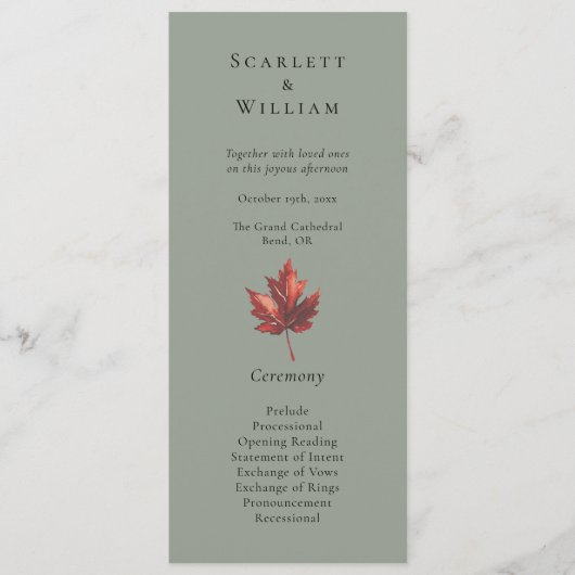 Einfache Minimal Fall Sage Grüne Hochzeit Programm (Vorderseite)