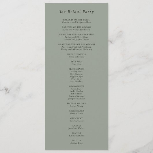 Einfache Minimal Fall Sage Grüne Hochzeit Programm (Rückseite)