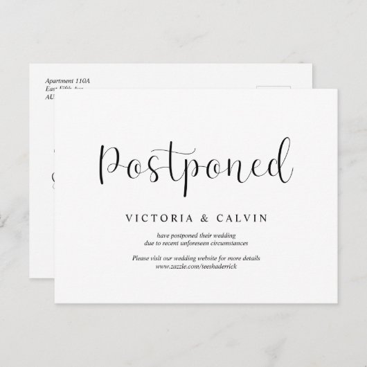 Einfache Minimal, Hochzeitseinladung verschoben Postkarte (Vorne/Hinten)