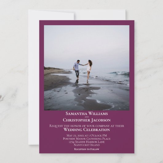 Einfache Minimal Moderne Cassis Lila Foto Hochzeit Einladung (Vorderseite)