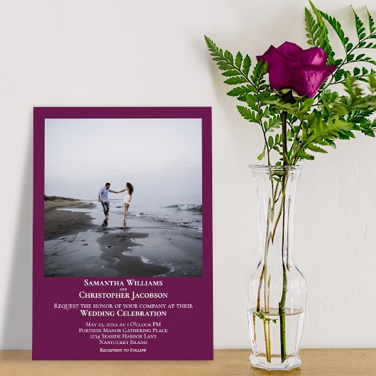 Einfache Minimal Moderne Cassis Lila Foto Hochzeit Einladung