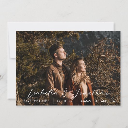 Einfache Minimal-One-Foto-Hochzeit im Bergwald Save The Date (Vorderseite)