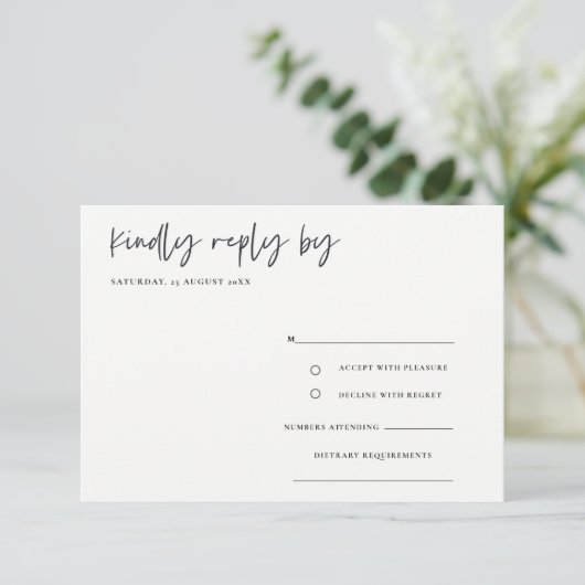 Einfache Minimal-Script-Kalligrafie-Hochzeit RSVP Begleitkarte (Stehend Vorderseite)