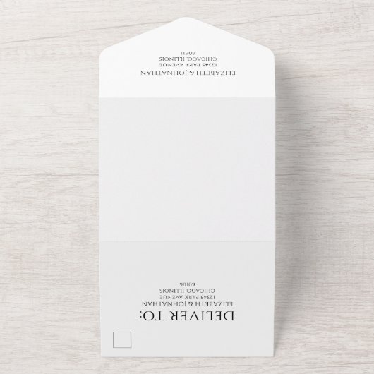 Einfache Minimal-Script Schwarz & Weiß Hochzeit All In One Einladung (Außenbereich)