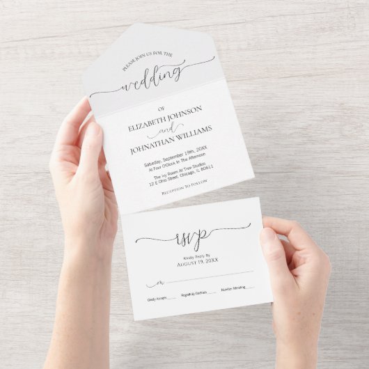 Einfache Minimal-Script Schwarz & Weiß Hochzeit All In One Einladung (Abreißen)