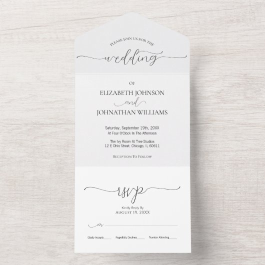 Einfache Minimal-Script Schwarz & Weiß Hochzeit All In One Einladung (Innen Boden)