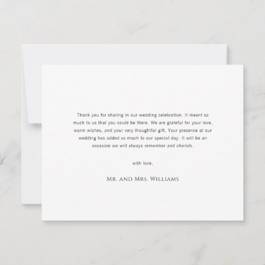Einfache Minimal-Script Schwarz & Weiß Hochzeit Dankeskarte (Rückseite)