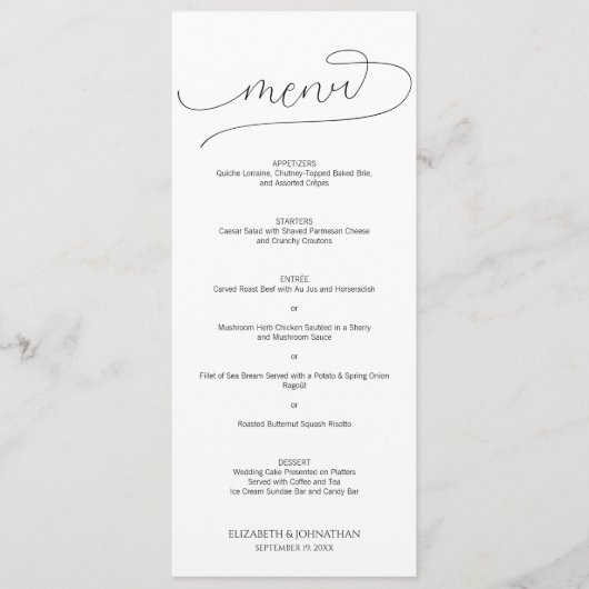 Einfache Minimal-Script Schwarz & Weiß Hochzeit Menükarte (Vorderseite)