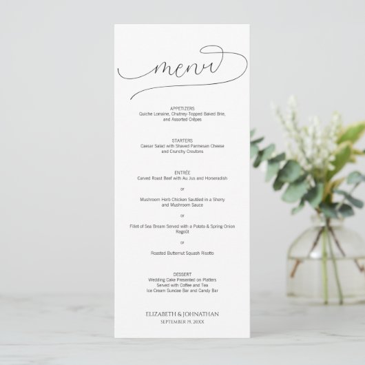 Einfache Minimal-Script Schwarz & Weiß Hochzeit Menükarte (Stehend Vorderseite)