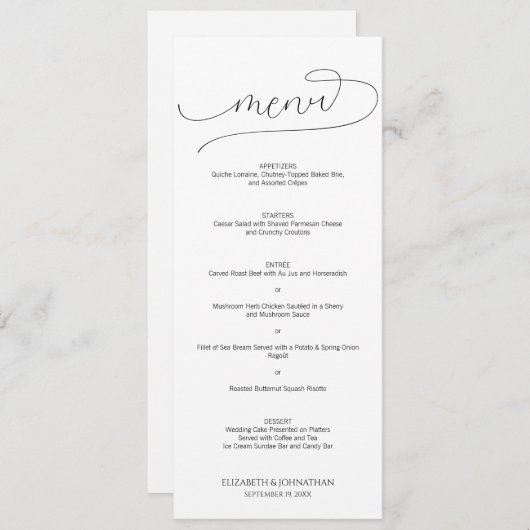 Einfache Minimal-Script Schwarz & Weiß Hochzeit Menükarte (Vorne/Hinten)