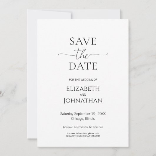 Einfache Minimal-Script Schwarz & Weiß Hochzeit Save The Date (Vorderseite)
