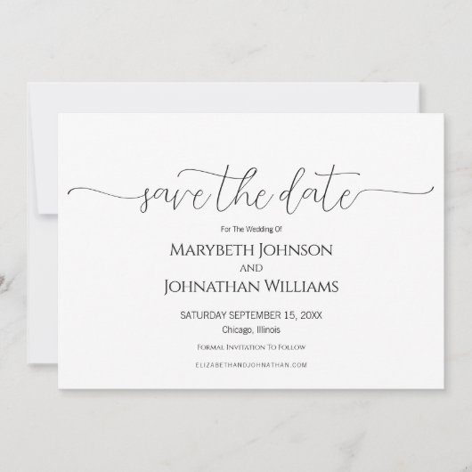 Einfache Minimal-Script Schwarz & Weiß Hochzeit Save The Date (Vorderseite)