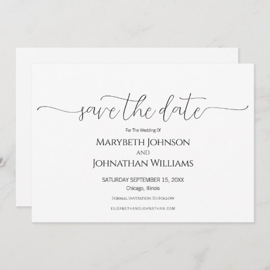 Einfache Minimal-Script Schwarz & Weiß Hochzeit Save The Date (Vorne/Hinten)