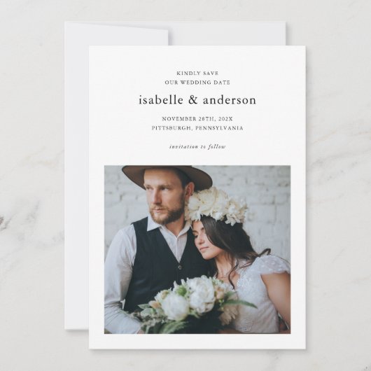 Einfache Minimal-Zwei-Foto-Hochzeit Save The Date (Vorderseite)