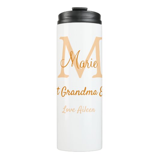 einfache minimale Bestform Orangenmonogramm Thermosbecher (Vorderseite)