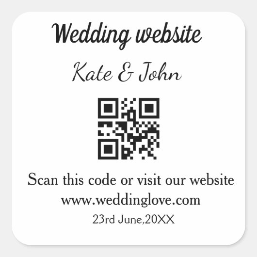 Einfache minimale Hochzeitswebsite Q R Code hinzuf Quadratischer Aufkleber (Vorderseite)