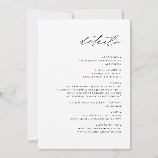 Einfache minimale Kalligraphie in einer Hochzeit Einladung (Rückseite)