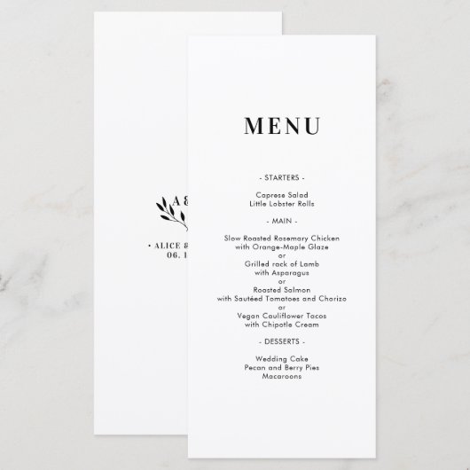 Einfache minimale moderne Monogram-Menü-Karte Menükarte (Vorne/Hinten)
