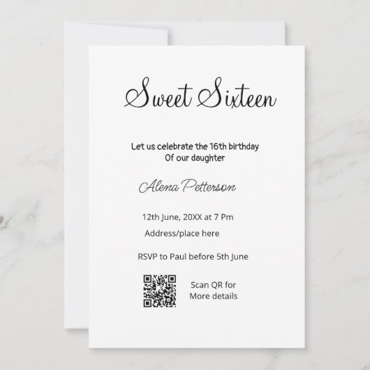 Einfache minimale moderne QR 16 . Geburtstag Gebur Einladung (Vorderseite)
