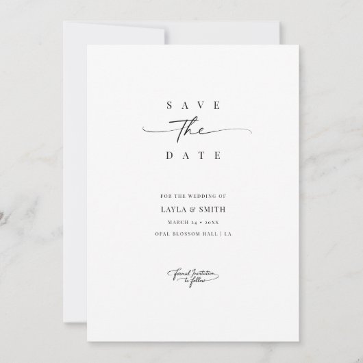 Einfache minimale moderne Script Schwarz & Weiß Ho Save The Date (Vorderseite)