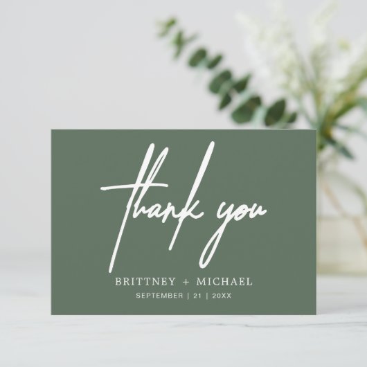 Einfache minimale moderne Skriptsprache Grün Dankeskarte (Stehend Vorderseite)