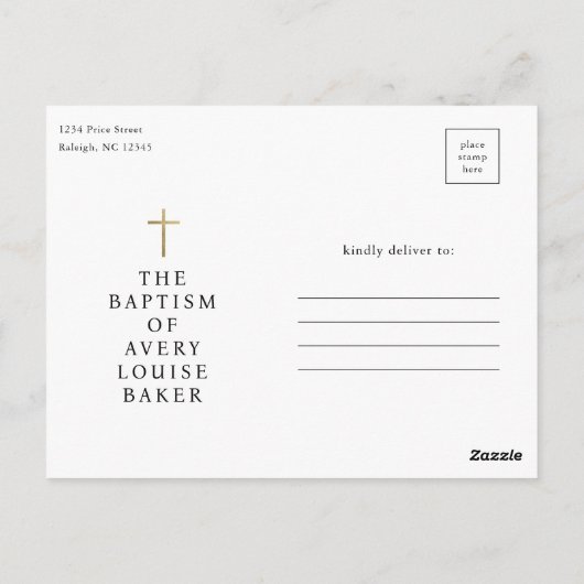 Einfache minimale religiöse Taufeinladung Postkarte (Rückseite)