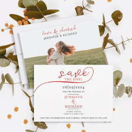 Einfache minimale rote Schrift mit Foto White Wedd Save The Date